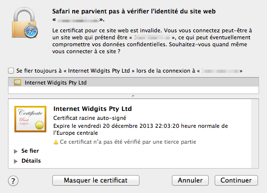 Affichage du certificat pour se connecter à votre Owncloud