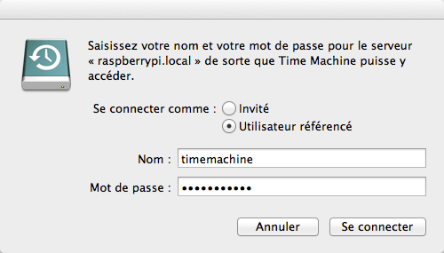 Saisie du user et mot de passe pour Time Machine