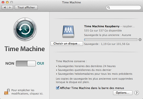 Sauvegarde Time Machine en cours