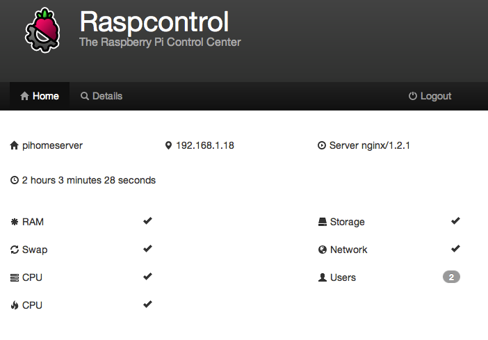 Nouvelle version de Raspcontrol sous Nginx - Page après login